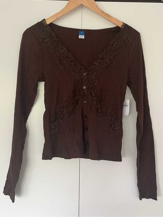 Old Navy Tops - Old Navy Brown Ribbed Lace-Trim Button Down Top